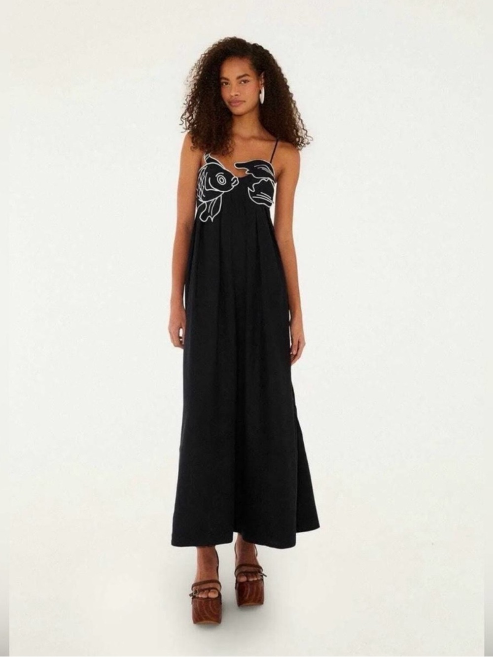 FARM Rio Black Maxi Dress with White Embroidered Bodice
